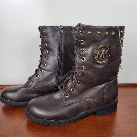 Michael Kors Dark Brown Leather with Gold Detail Lace/Zip Combat Boots Size 6 - Picture 1 of 12